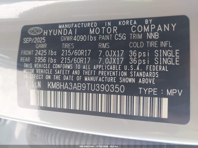 45531441 :رقم المزاد ، KM8HA3AB9TU390350 vin ، 2026 Hyundai Kona Se مزاد بيع