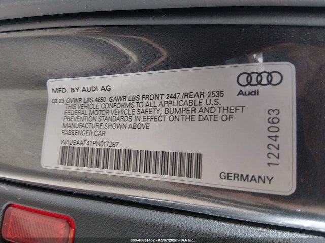 45531452 :رقم المزاد ، WAUEAAF41PN017287 vin ، 2023 Audi A4 Premium Plus 45 Tfsi S Line Quattro S Tronic مزاد بيع