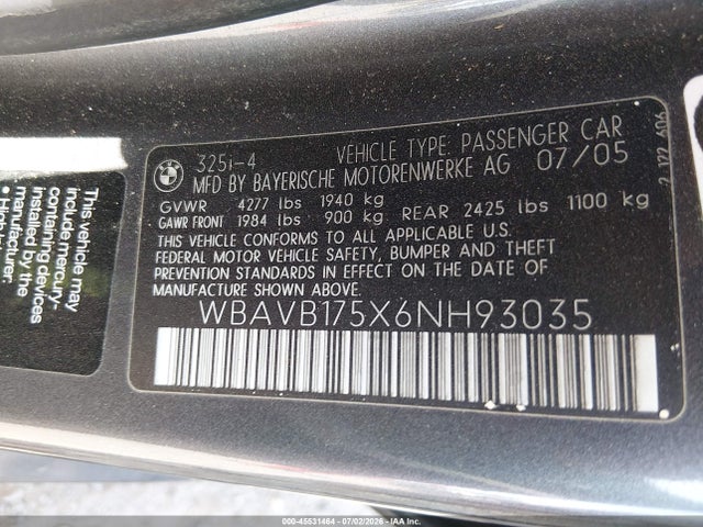 2006 Bmw 325i მანქანა იყიდება აუქციონზე, vin: WBAVB175X6NH93035, აუქციონის ნომერი: 45531464
