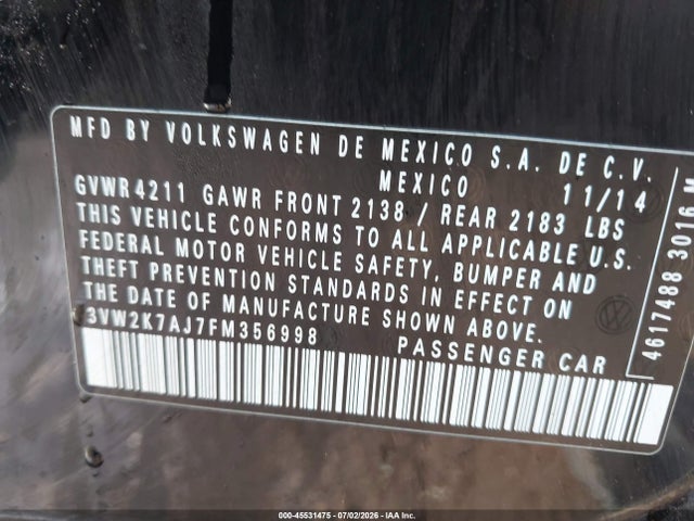 2015 Volkswagen Jetta 2.0l S მანქანა იყიდება აუქციონზე, vin: 3VW2K7AJ7FM356998, აუქციონის ნომერი: 45531475
