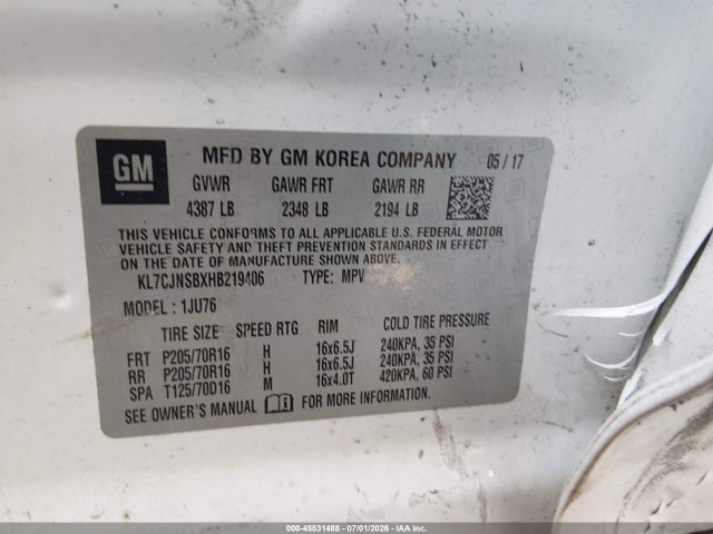 Продажа на аукционе авто 2017 Chevrolet Trax Ls, vin: KL7CJNSBXHB219406, номер лота: 45531488