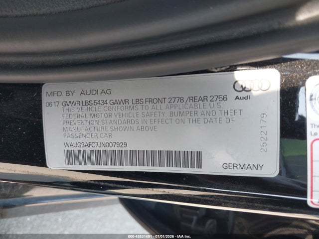 2018 Audi A6 3.0t Premium Plus მანქანა იყიდება აუქციონზე, vin: WAUG3AFC7JN007929, აუქციონის ნომერი: 45531491