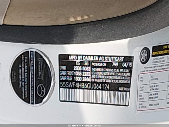 45531519 :رقم المزاد ، 55SWF4HB6GU064124 vin ، 2016 Mercedes-benz C 350e Luxury مزاد بيع