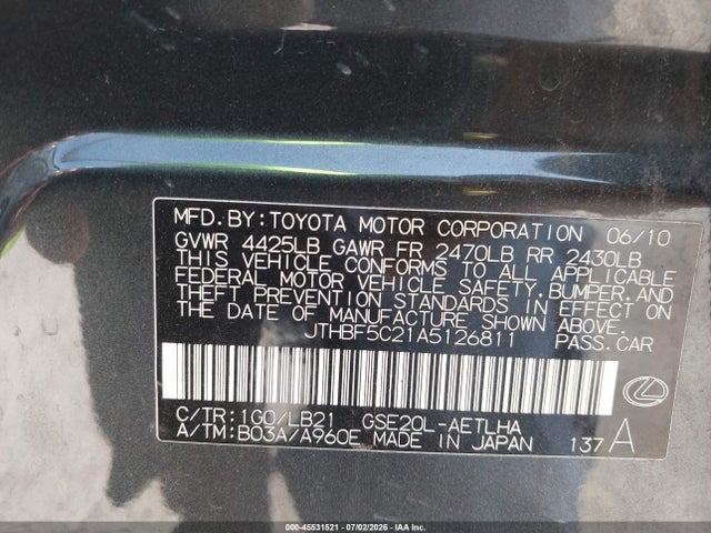 Aukcja sprzedaży 2010 Lexus Is 250, vin: JTHBF5C21A5126811, numer aukcji: 45531521