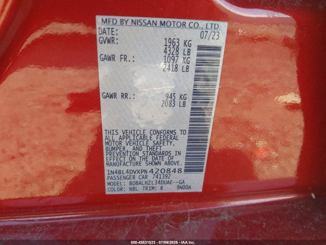 Продаж на аукціоні авто 2023 Nissan Altima Sv Fwd, vin: 1N4BL4DVXPN420848, номер лоту: 45531523