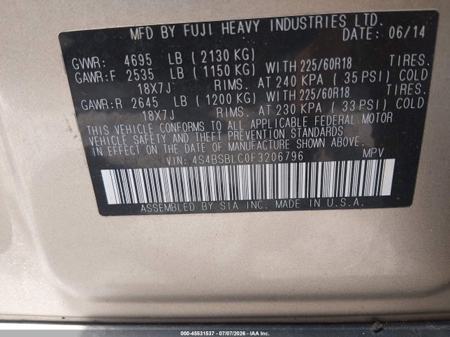 Aukcja sprzedaży 2015 Subaru Outback 2.5i Limited, vin: 4S4BSBLC0F3206796, numer aukcji: 45531537