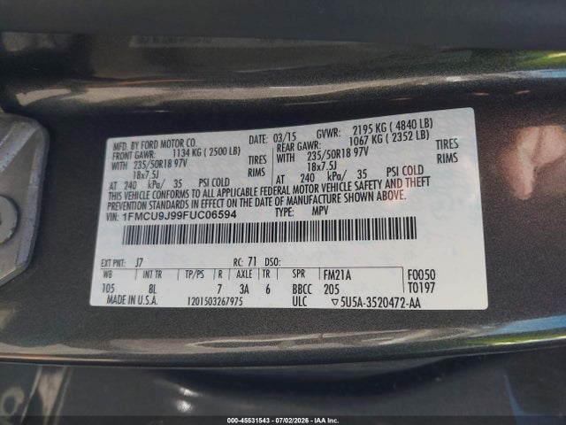 45531543 :رقم المزاد ، 1FMCU9J99FUC06594 vin ، 2015 Ford Escape Titanium مزاد بيع