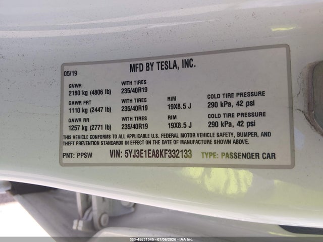 Aukcja sprzedaży 2019 Tesla Model 3, vin: 5YJ3E1EA8KF332133, numer aukcji: 45531545