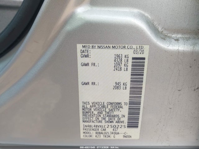 2020 Nissan Altima S Fwd მანქანა იყიდება აუქციონზე, vin: 1N4BL4BVXLC250225, აუქციონის ნომერი: 45531549