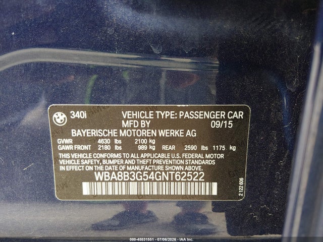 45531551 :رقم المزاد ، WBA8B3G54GNT62522 vin ، 2016 Bmw 340i مزاد بيع