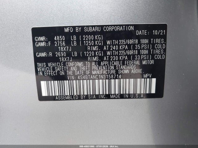 Subaru Outback Limited 2022 4S4BTANC1N3158714 Image 9