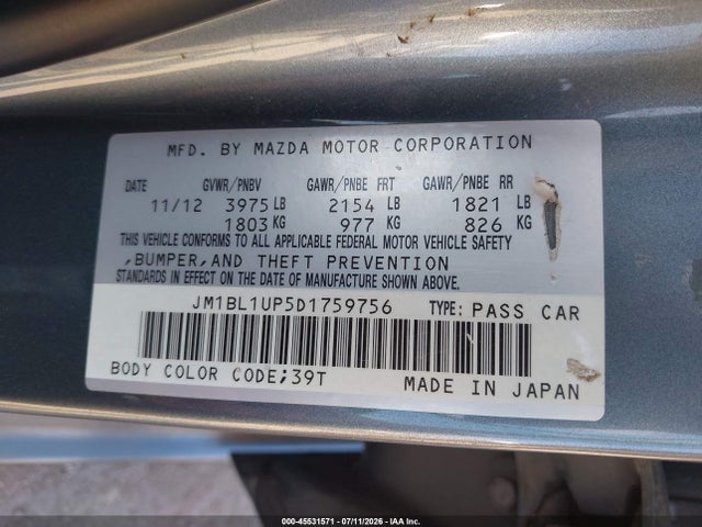 45531571 :رقم المزاد ، JM1BL1UP5D1759756 vin ، 2013 Mazda Mazda3 I Sport مزاد بيع