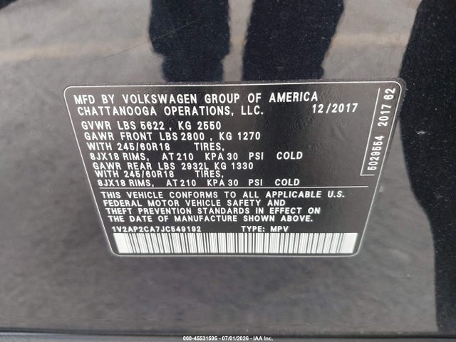 Продаж на аукціоні авто 2018 Volkswagen Atlas 2.0t S, vin: 1V2AP2CA7JC549192, номер лоту: 45531595