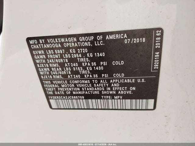 45531616 :رقم المزاد ، 1V2KR2CA2JC585709 vin ، 2018 Volkswagen Atlas 3.6l V6 Se مزاد بيع