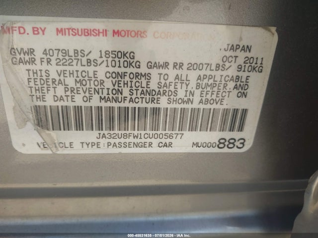 Aukcja sprzedaży 2012 Mitsubishi Lancer Gt, vin: JA32U8FW1CU005677, numer aukcji: 45531635