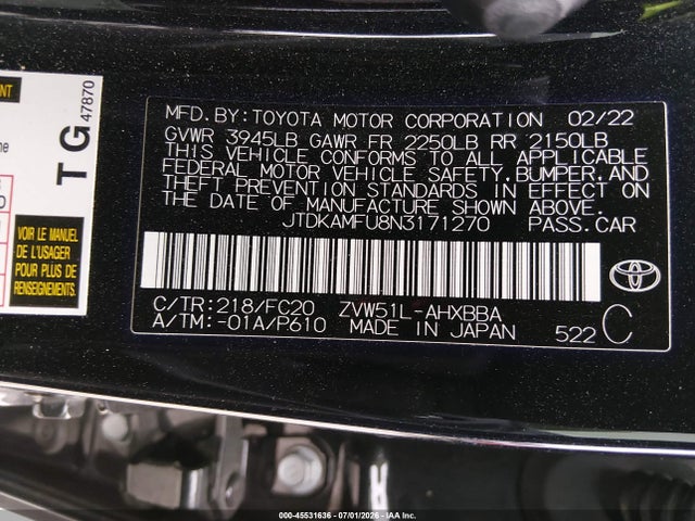 JTDKAMFU8N3171270 Toyota Prius L