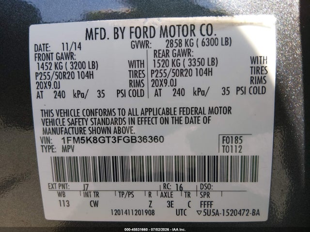 Ford EXPLORER SPORT 2015 1FM5K8GT3FGB36360 Image 9