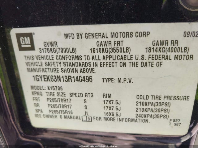 2003 Cadillac Escalade Standard მანქანა იყიდება აუქციონზე, vin: 1GYEK63N13R140496, აუქციონის ნომერი: 45531684