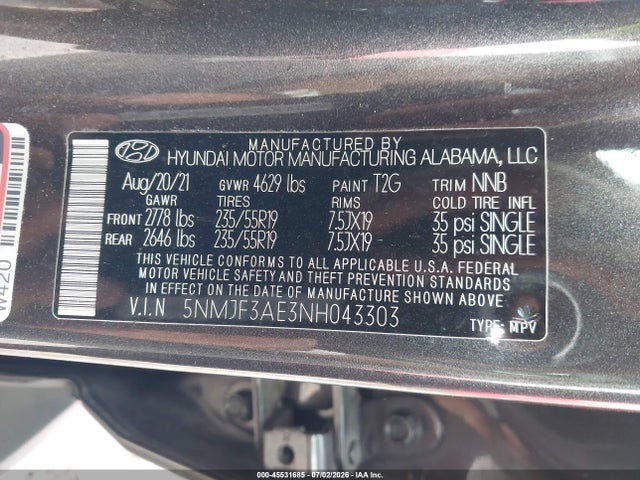 45531685 :رقم المزاد ، 5NMJF3AE3NH043303 vin ، 2022 Hyundai Tucson Sel مزاد بيع