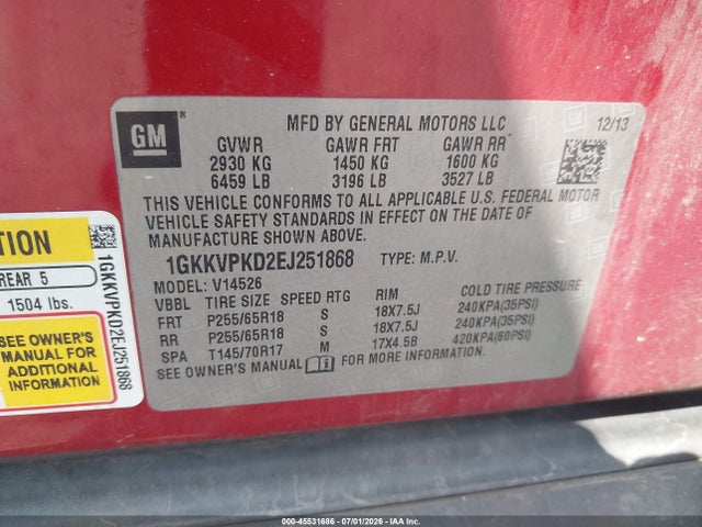 Aukcja sprzedaży 2014 Gmc Acadia Sle-2, vin: 1GKKVPKD2EJ251868, numer aukcji: 45531686
