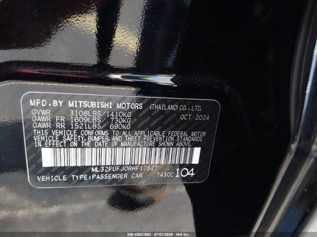 Aukcja sprzedaży 2024 Mitsubishi Mirage G4 Es, vin: ML32FUFJ0RHF17527, numer aukcji: 45531692