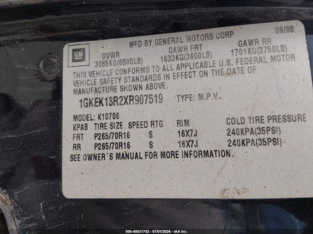 45531702 :رقم المزاد ، 1GKEK13R2XR907519 vin ، 1999 Gmc Denali مزاد بيع