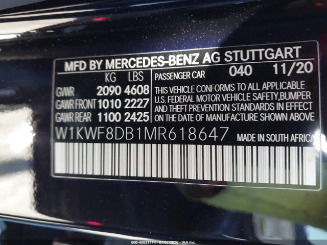 45531714 :رقم المزاد ، W1KWF8DB1MR618647 vin ، 2021 Mercedes-benz C 300 Sedan مزاد بيع