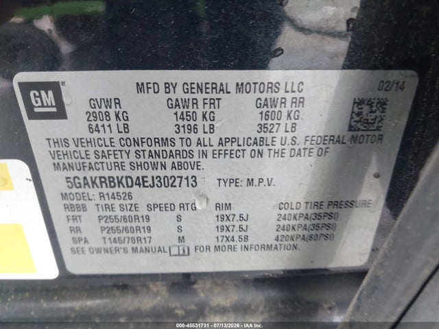45531731 :رقم المزاد ، 5GAKRBKD4EJ302713 vin ، 2014 Buick Enclave Leather مزاد بيع
