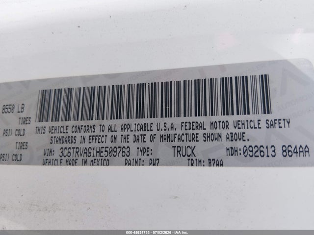 Aukcja sprzedaży 2017 Ram Promaster 1500 Low Roof 136 Wb, vin: 3C6TRVAG1HE509763, numer aukcji: 45531733