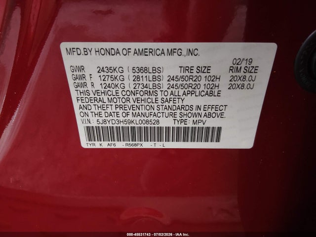 Aukcja sprzedaży 2019 Acura Mdx Tech Pkg, vin: 5J8YD3H59KL008528, numer aukcji: 45531743