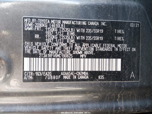 45531775 :رقم المزاد ، 2T3A1RFV6MC190625 vin ، 2021 Toyota Rav4 Xle Premium مزاد بيع
