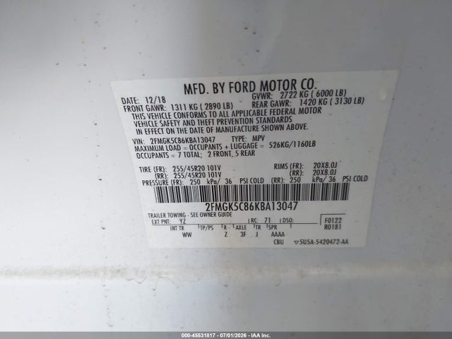 2FMGK5C86KBA13047 Ford FLEX SEL