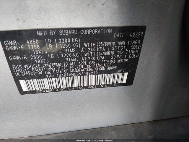 Aukcja sprzedaży 2022 Subaru Outback Limited, vin: 4S4BTANC9N3199270, numer aukcji: 45531826
