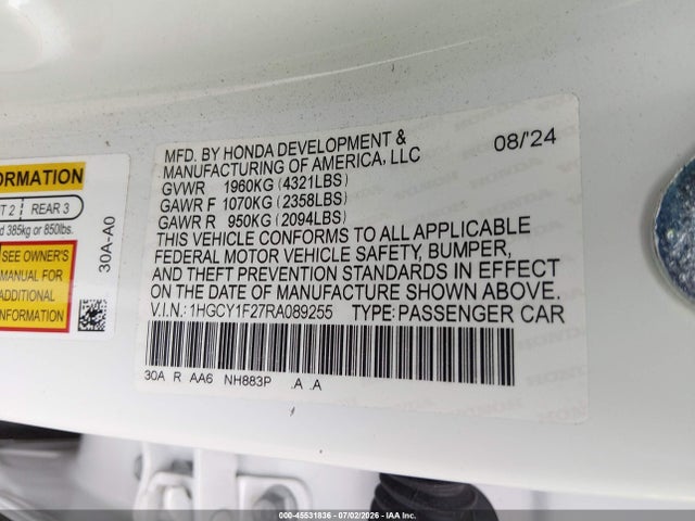 1HGCY1F27RA089255 Honda ACCORD LX