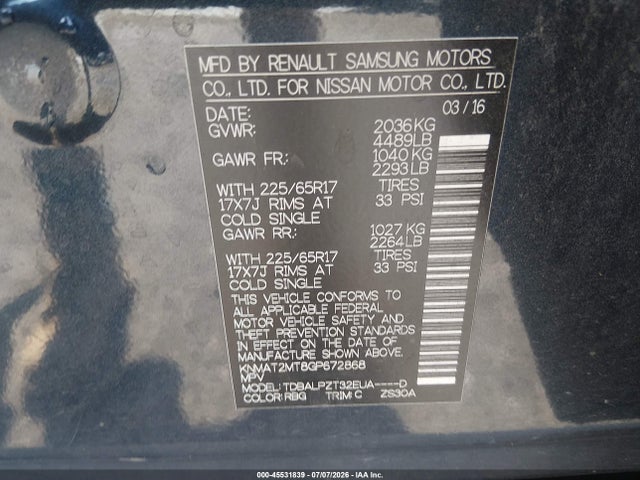 Aukcja sprzedaży 2016 Nissan Rogue S, vin: KNMAT2MT8GP672868, numer aukcji: 45531839