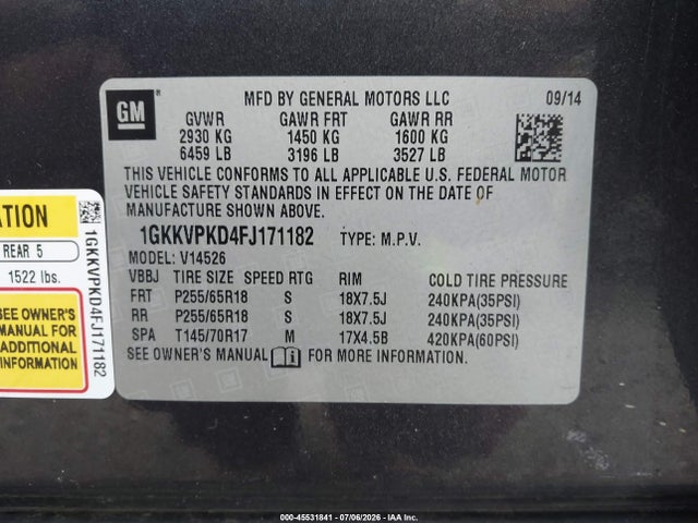 Aukcja sprzedaży 2015 Gmc Acadia Sle-2, vin: 1GKKVPKD4FJ171182, numer aukcji: 45531841