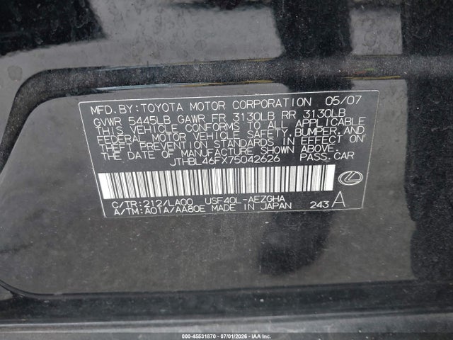 45531870 :رقم المزاد ، JTHBL46FX75042626 vin ، 2007 Lexus Ls 460 مزاد بيع