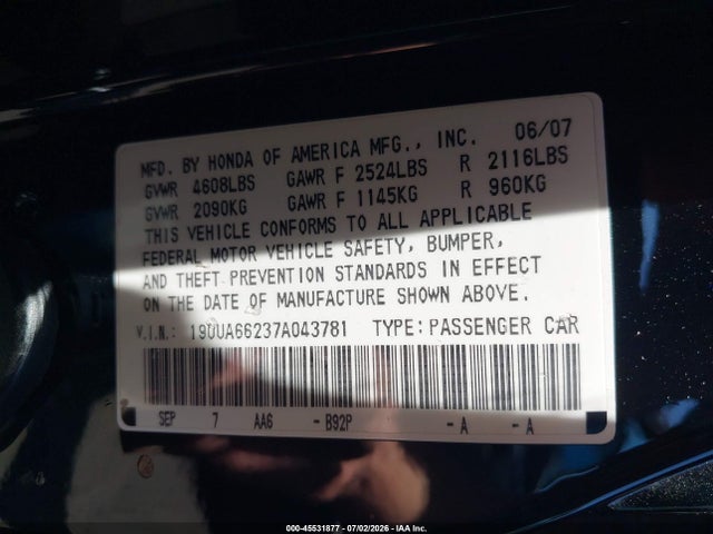 Продаж на аукціоні авто 2007 Acura Tl 3.2, vin: 19UUA66237A043781, номер лоту: 45531877