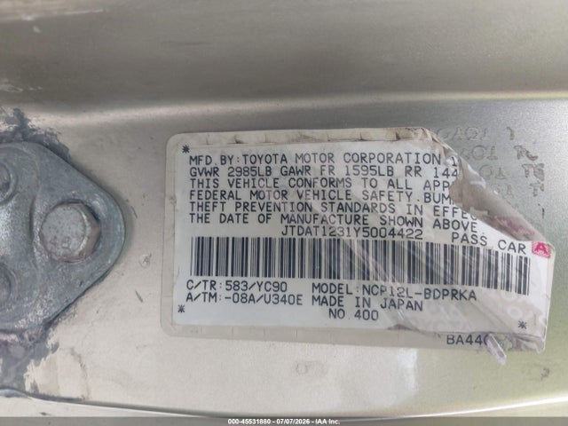 Продаж на аукціоні авто 2000 Toyota Echo, vin: JTDAT1231Y5004422, номер лоту: 45531880