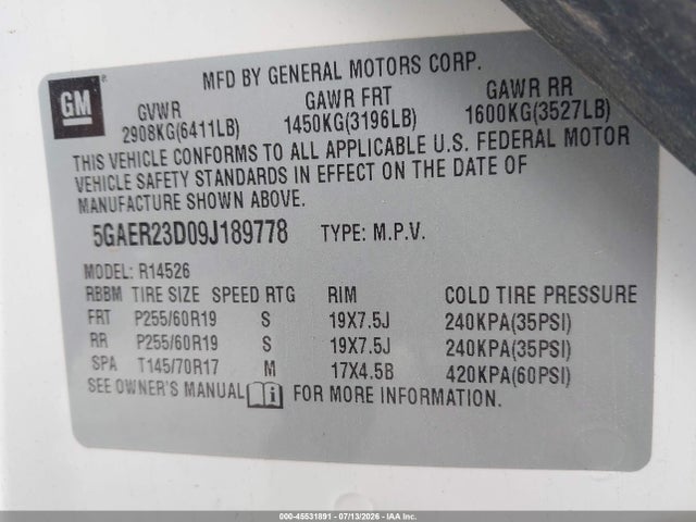 Aukcja sprzedaży 2009 Buick Enclave Cxl, vin: 5GAER23D09J189778, numer aukcji: 45531891