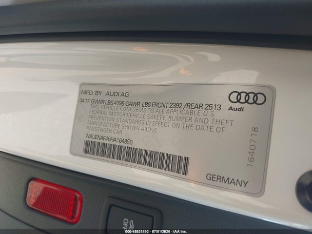 45531892 :رقم المزاد ، WAUENAF46HA164850 vin ، 2017 Audi A4 Premium Plus مزاد بيع