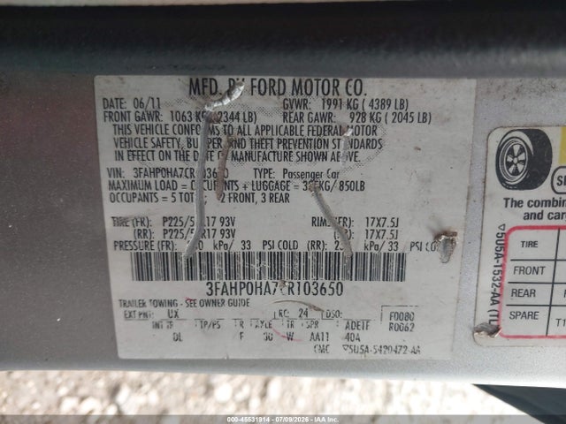 2012 Ford Fusion Se მანქანა იყიდება აუქციონზე, vin: 3FAHP0HA7CR103650, აუქციონის ნომერი: 45531914