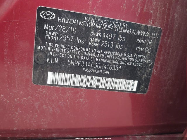 Aukcja sprzedaży 2016 Hyundai Sonata Sport, vin: 5NPE34AF3GH416354, numer aukcji: 45531971