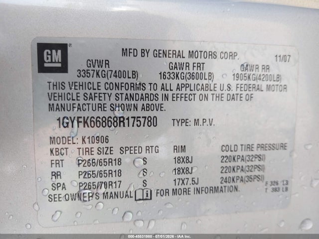 45531980 :رقم المزاد ، 1GYFK66868R175780 vin ، 2008 Cadillac Escalade Esv Standard مزاد بيع