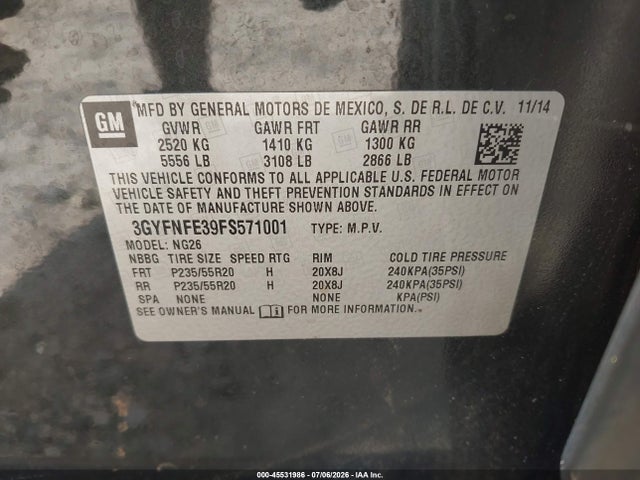 45531986 :رقم المزاد ، 3GYFNFE39FS571001 vin ، 2015 Cadillac Srx Performance Collection مزاد بيع