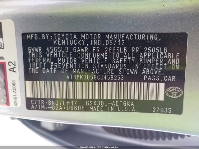 Продаж на аукціоні авто 2012 Toyota Avalon, vin: 4T1BK3DB8CU459253, номер лоту: 45531989