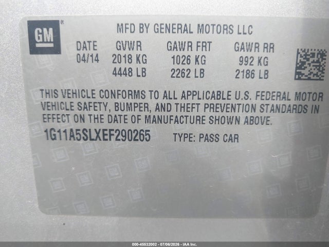 45532002 :رقم المزاد ، 1G11A5SLXEF290265 vin ، 2014 Chevrolet Malibu 1fl مزاد بيع