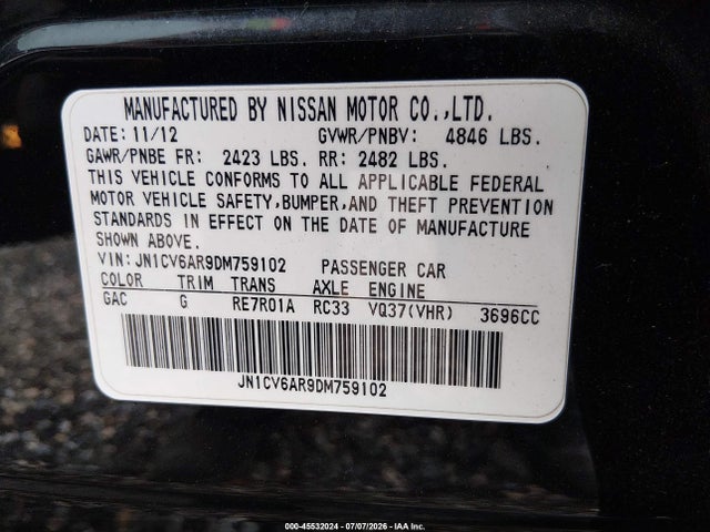 45532024 :رقم المزاد ، JN1CV6AR9DM759102 vin ، 2013 Infiniti G37x مزاد بيع
