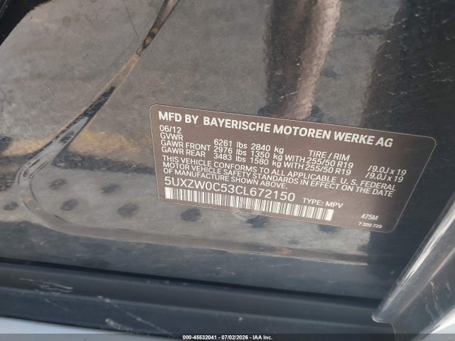 Aukcja sprzedaży 2012 Bmw X5 Xdrive35d, vin: 5UXZW0C53CL672150, numer aukcji: 45532041