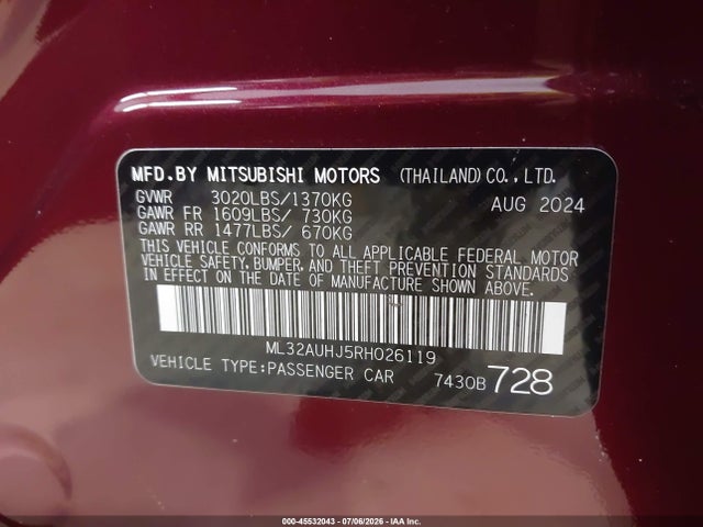 Продаж на аукціоні авто 2024 Mitsubishi Mirage Le, vin: ML32AUHJ5RH026119, номер лоту: 45532043